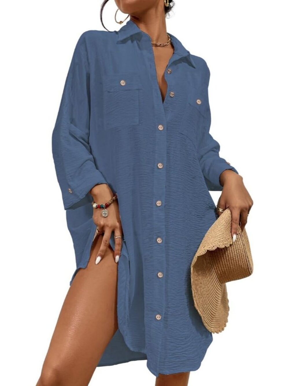 Women's Airy Blue Polyester Button Down Shirt Cover Up Beach Swimsuit Cover Up